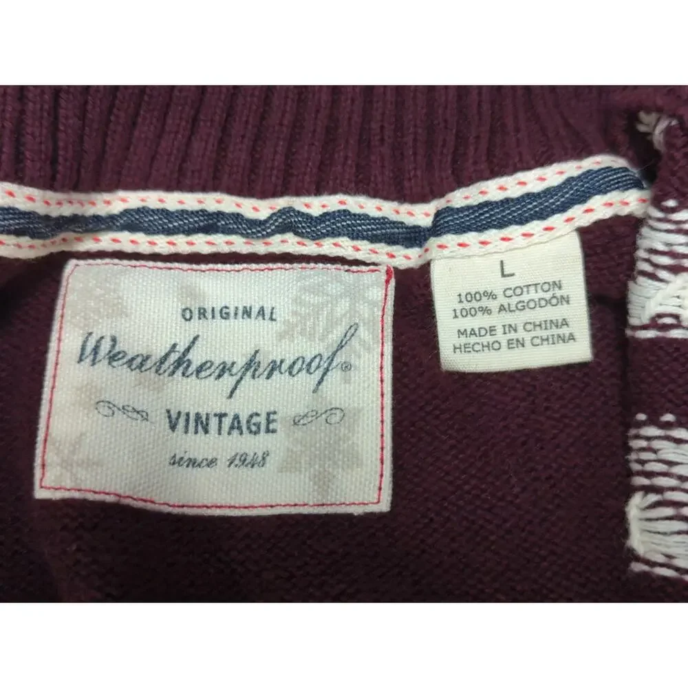 Weatherproof Vintage Mens 1/4 Zip Sweater Fair Isle Knit Cotton Burgundy L